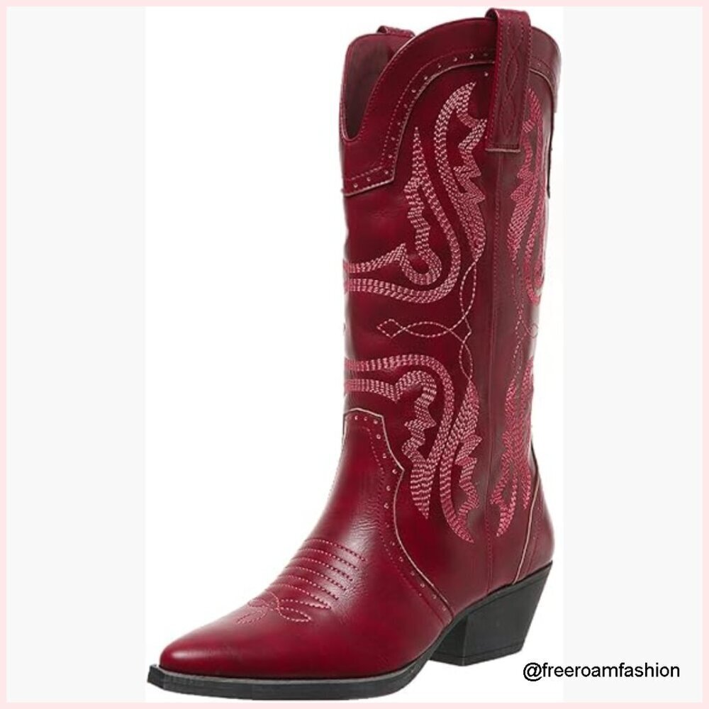 Women's Embroidered Western Boots Mid-Calf Pointed Toe Chunky Heel